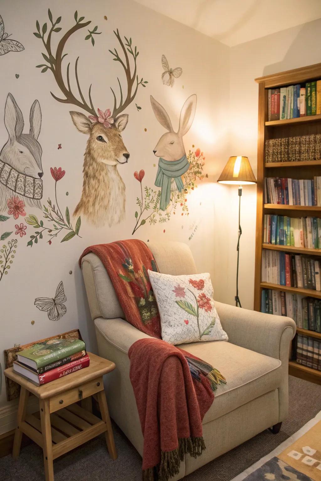 Whimsical woodland creatures create a magical reading nook.