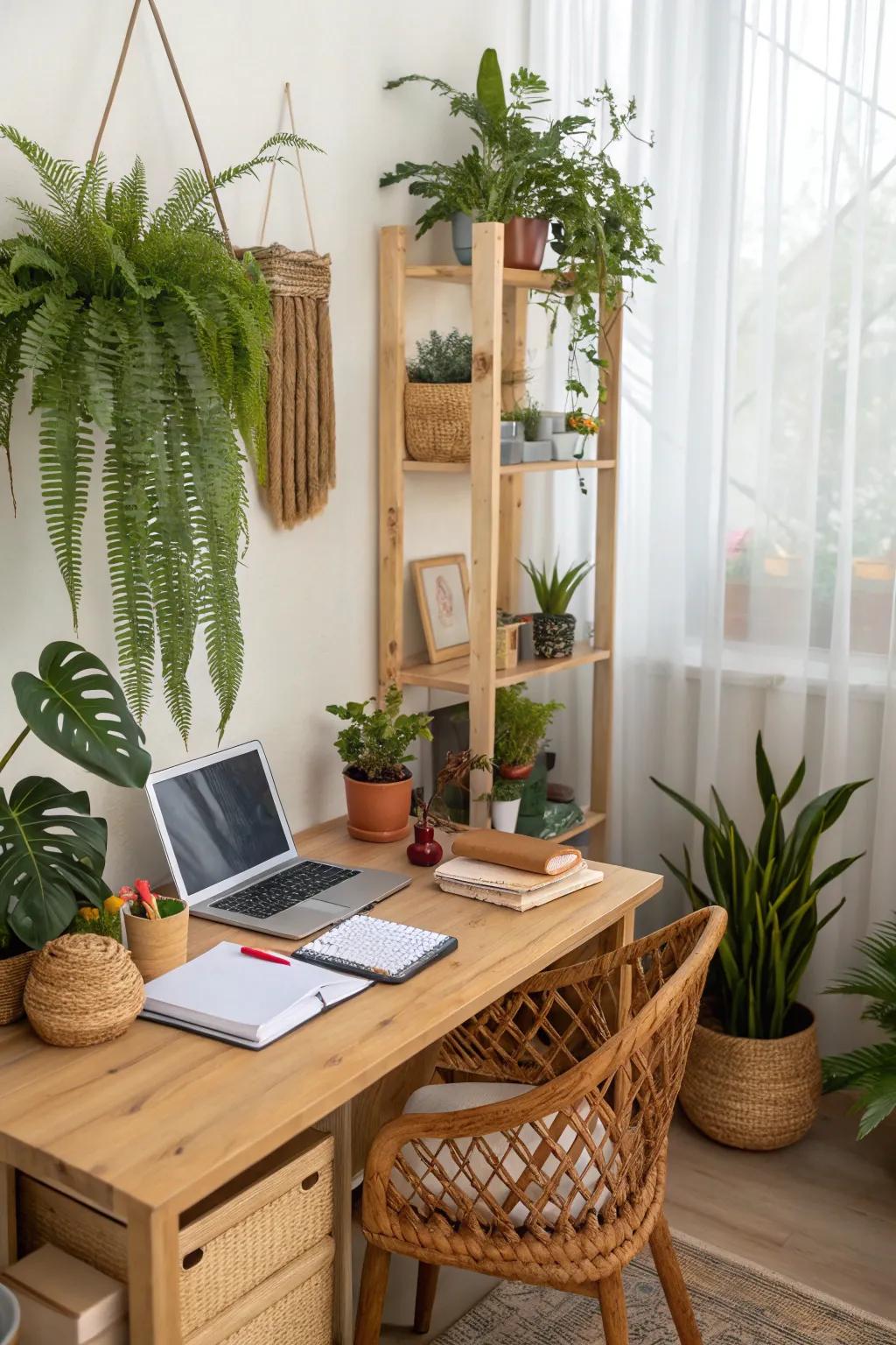 A fresh home office setup with various plants and natural decor elements.