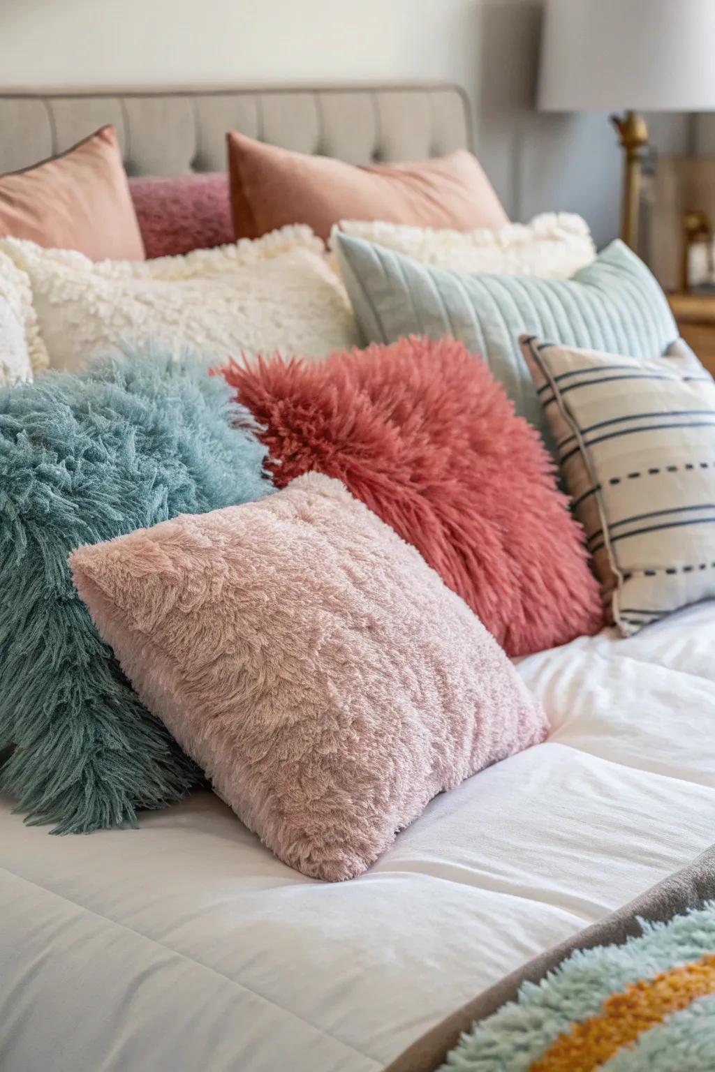 Layered pillows create a cozy and inviting atmosphere.