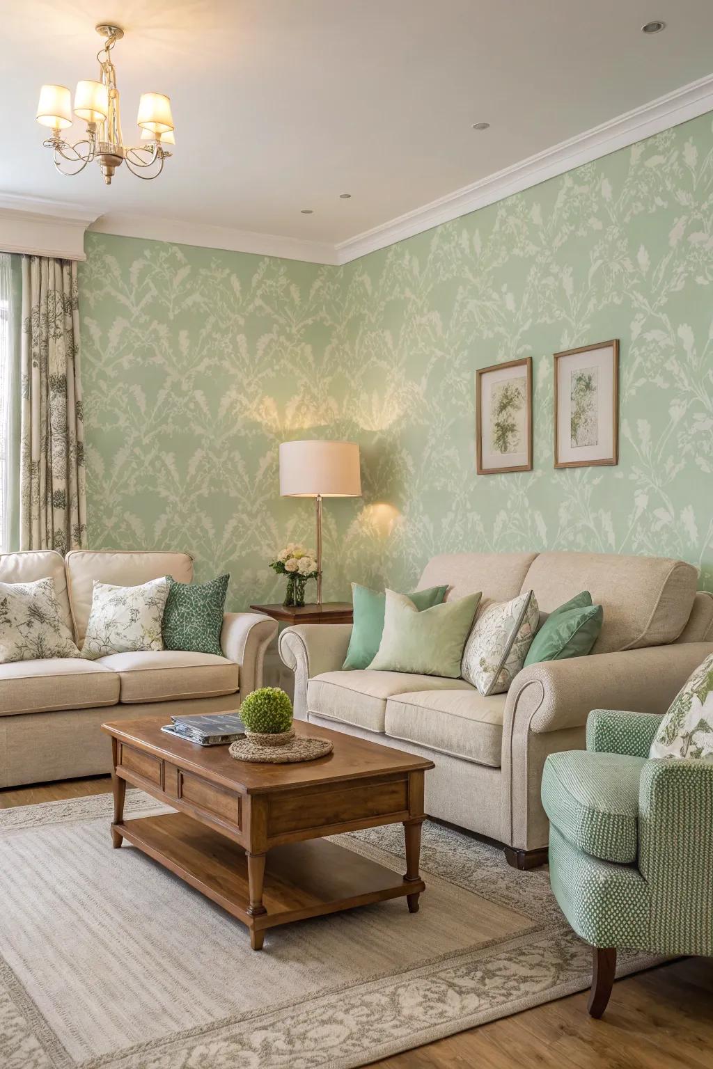 A living room featuring pastel green wallpaper, perfect for a calming retreat.