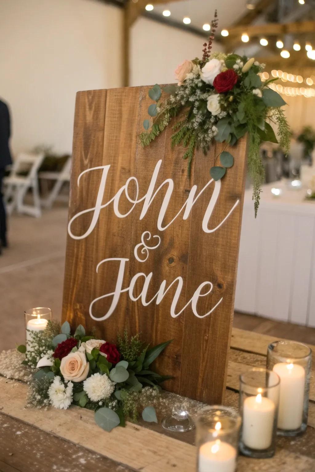 A personalized wedding sign guiding guests with style.