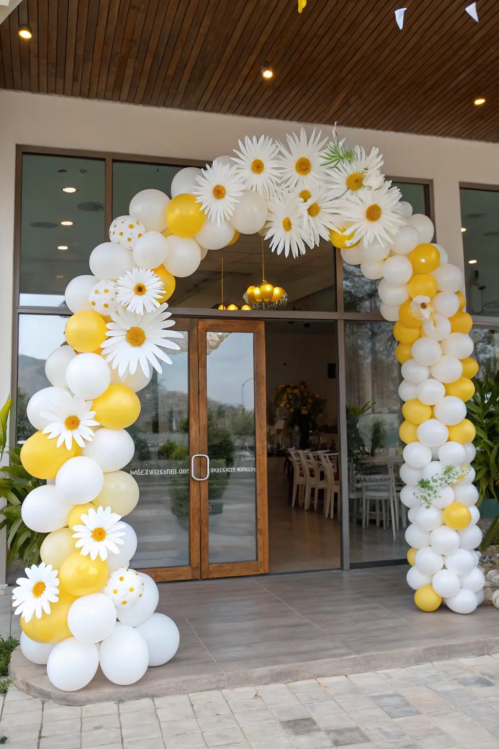 Welcome guests with a delightful daisy balloon arch.