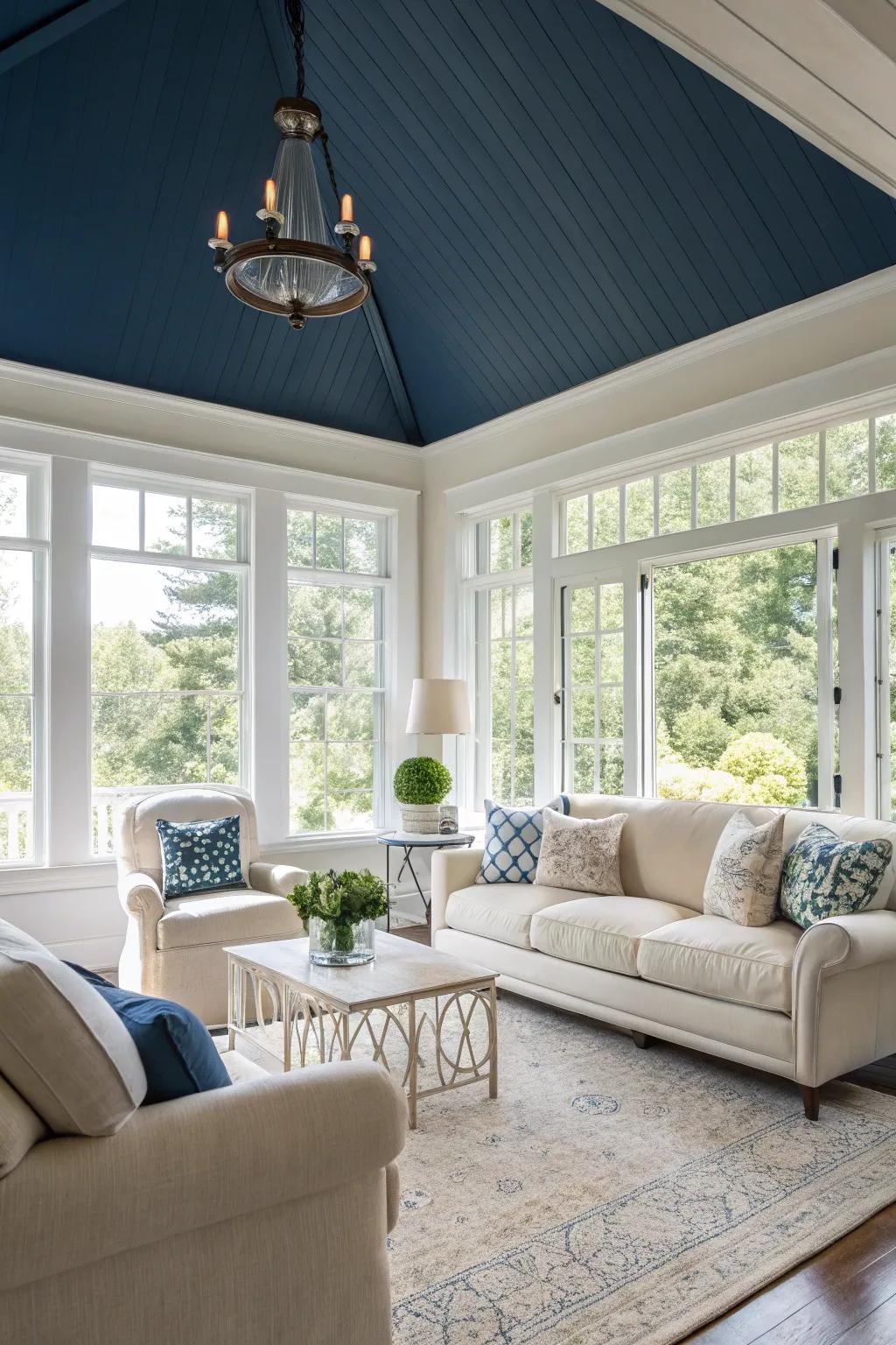 A living room with depth, thanks to a dark blue ceiling.