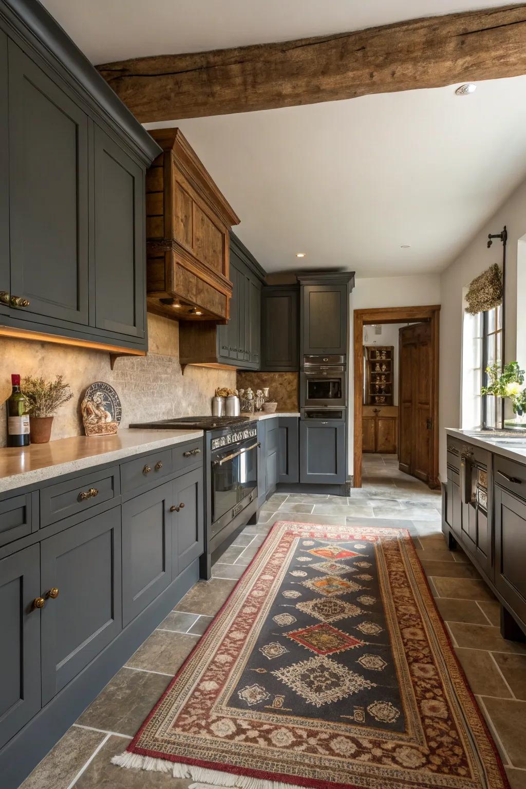 Traditional kitchen accentuated by dark gray cabinets and classic wood elements.