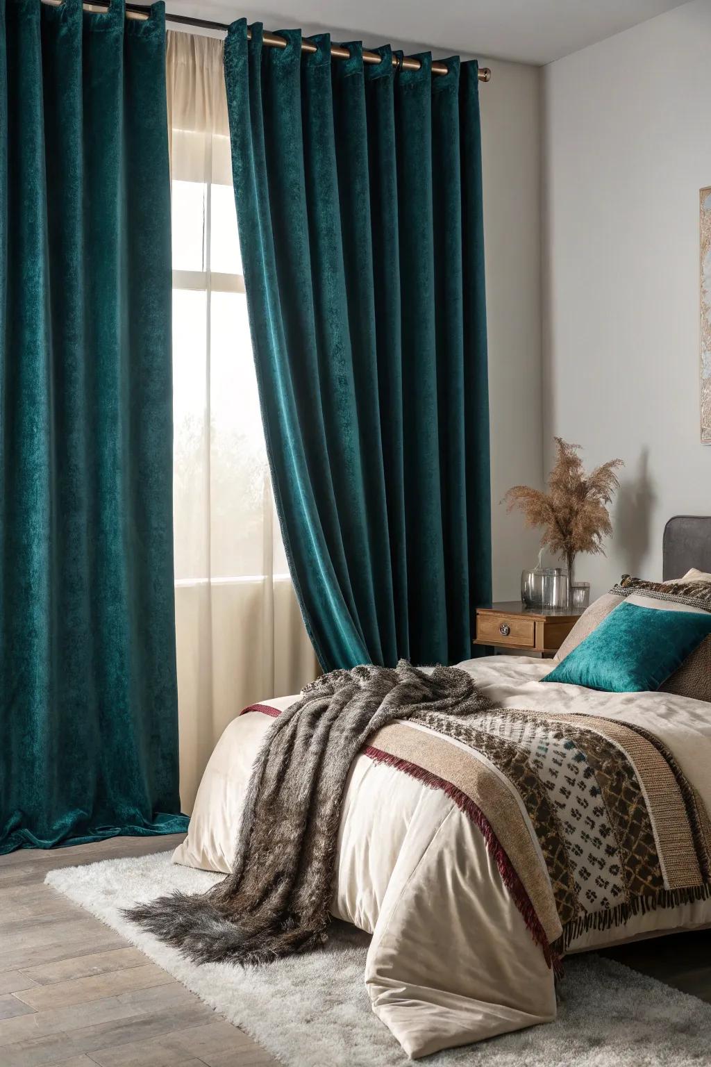 Textures add a rich layer of comfort to a dark teal room.