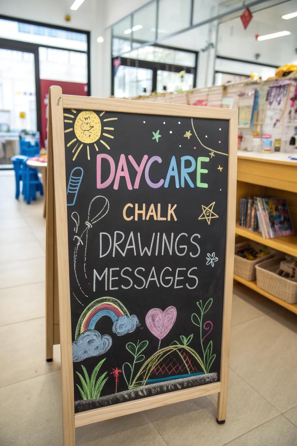 A charming chalkboard sign at a daycare, featuring colorful drawings and personalized messages.