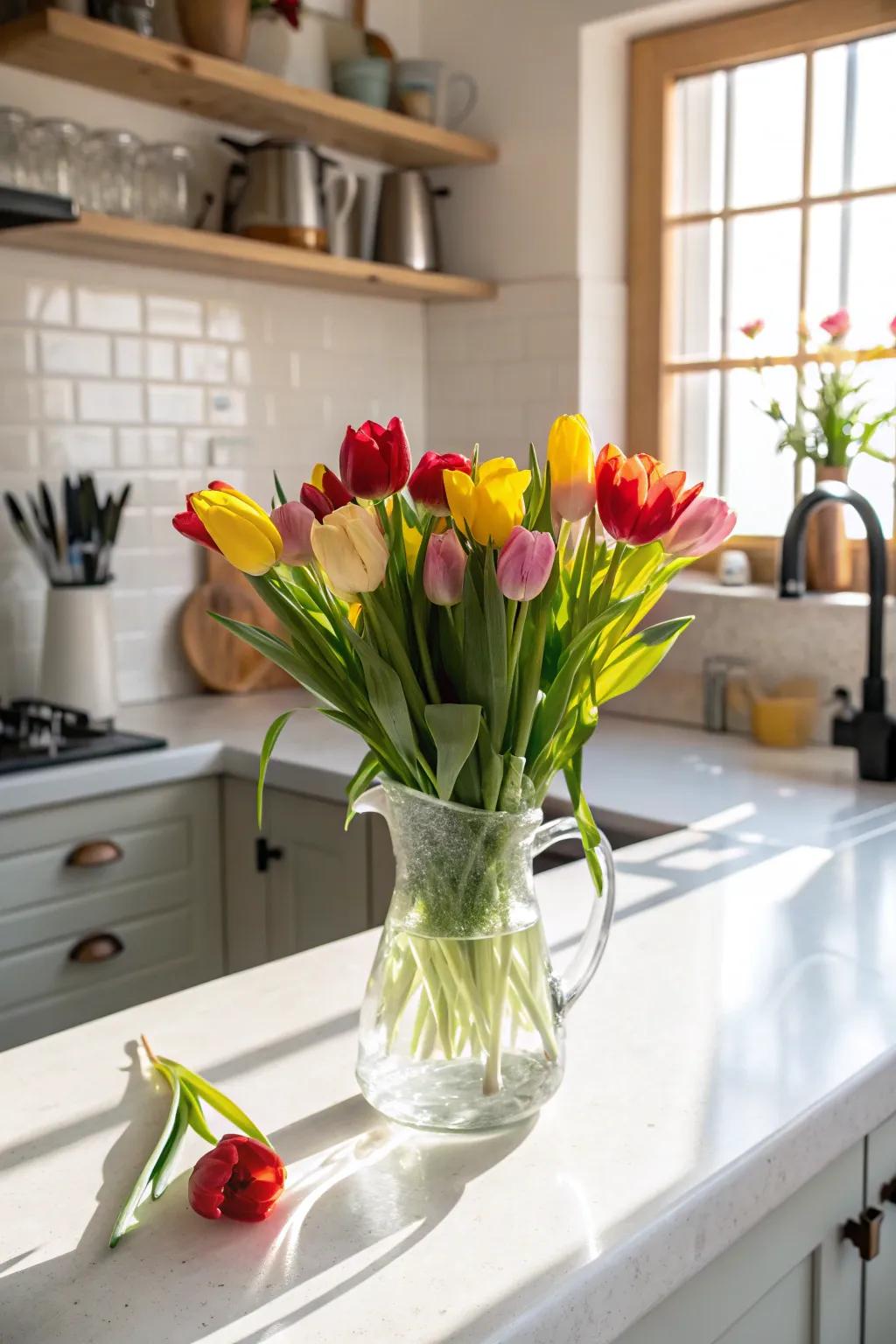 Decanter used as a vase for vibrant tulips.