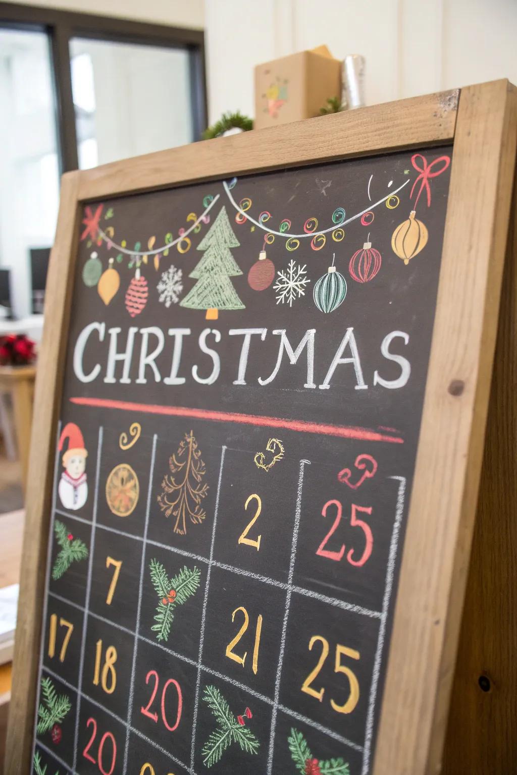 A chalkboard calendar with a fun countdown to Christmas.