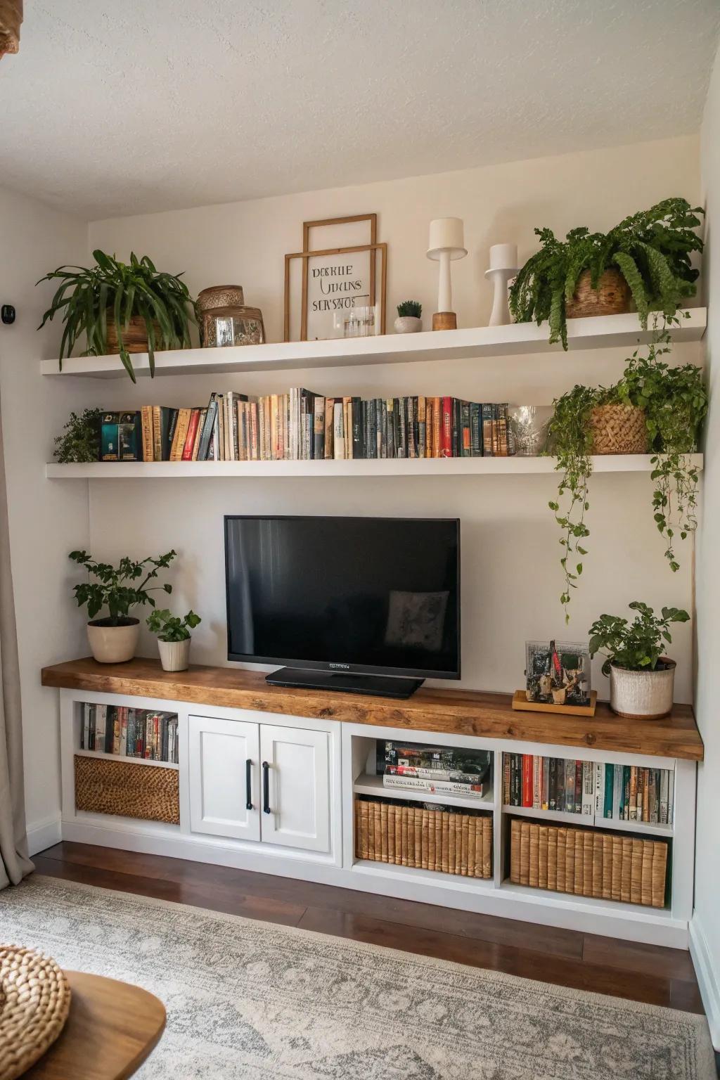 Floating shelves provide both functionality and style around the TV.