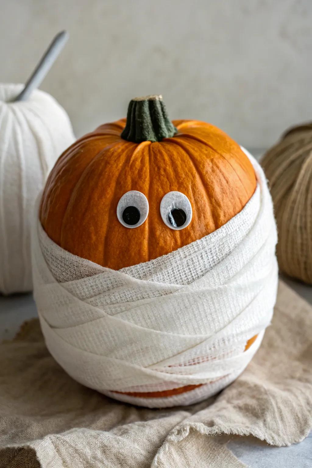 Mummify your pumpkin for a playful and eerie decoration.