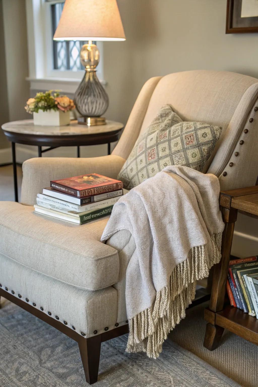 A cozy reading nook is perfect for unwinding.