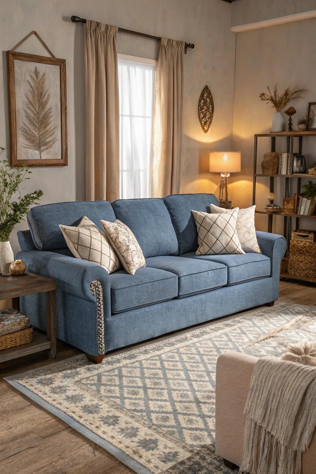 Neutral tones balance the richness of the denim blue sofa.