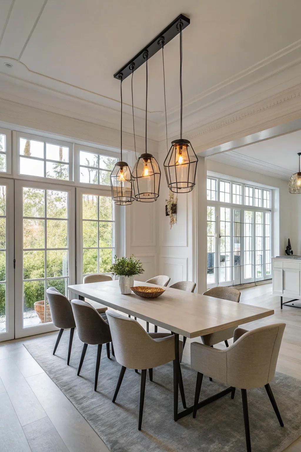 Pendant lights in a row bring a modern edge to this dining space.