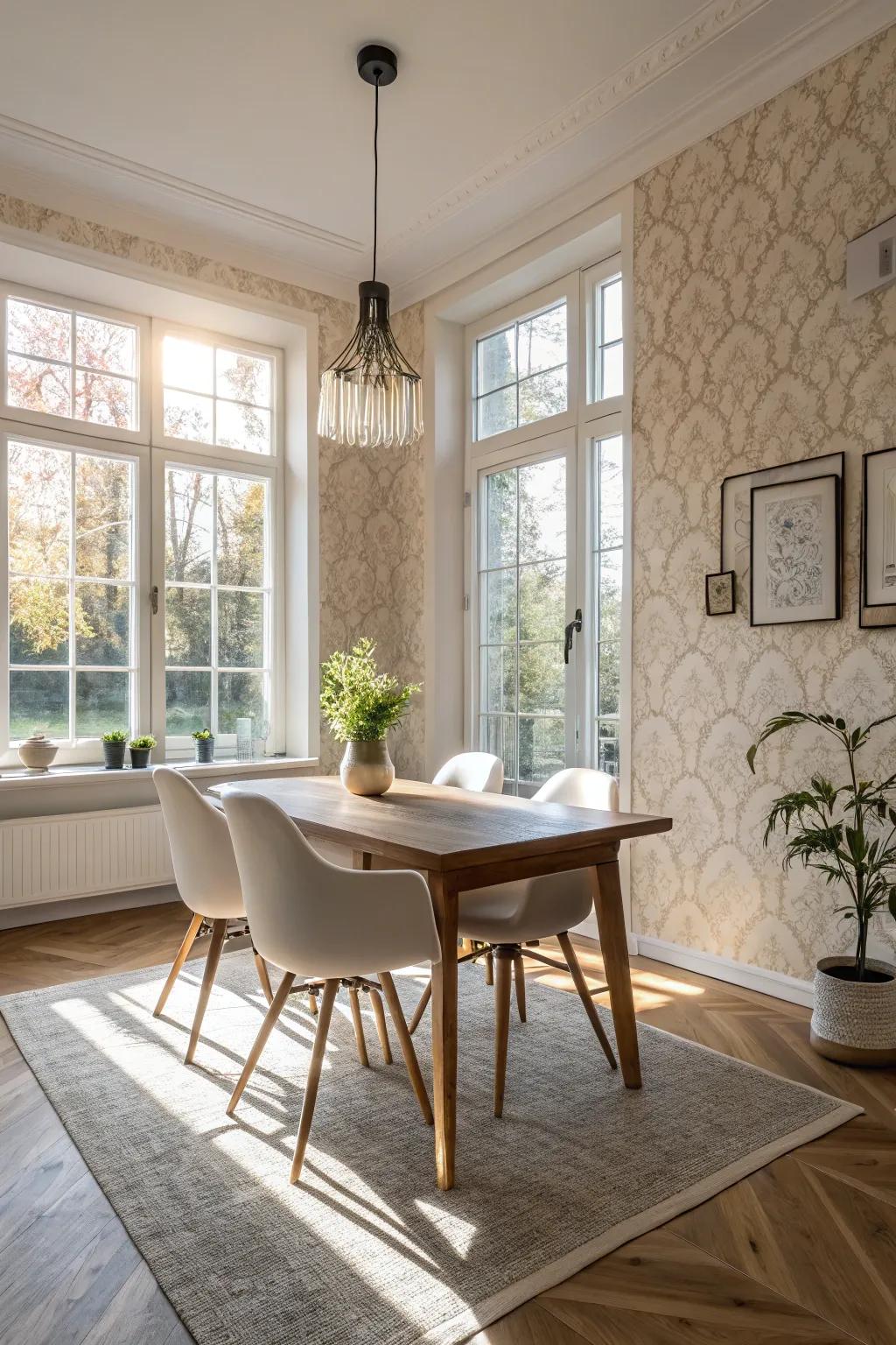 Neutral wallpaper enhances the light and airy feel of this modern dining space.