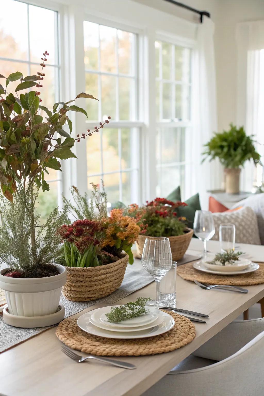 A dining table adorned with potted plants and seasonal foliage.