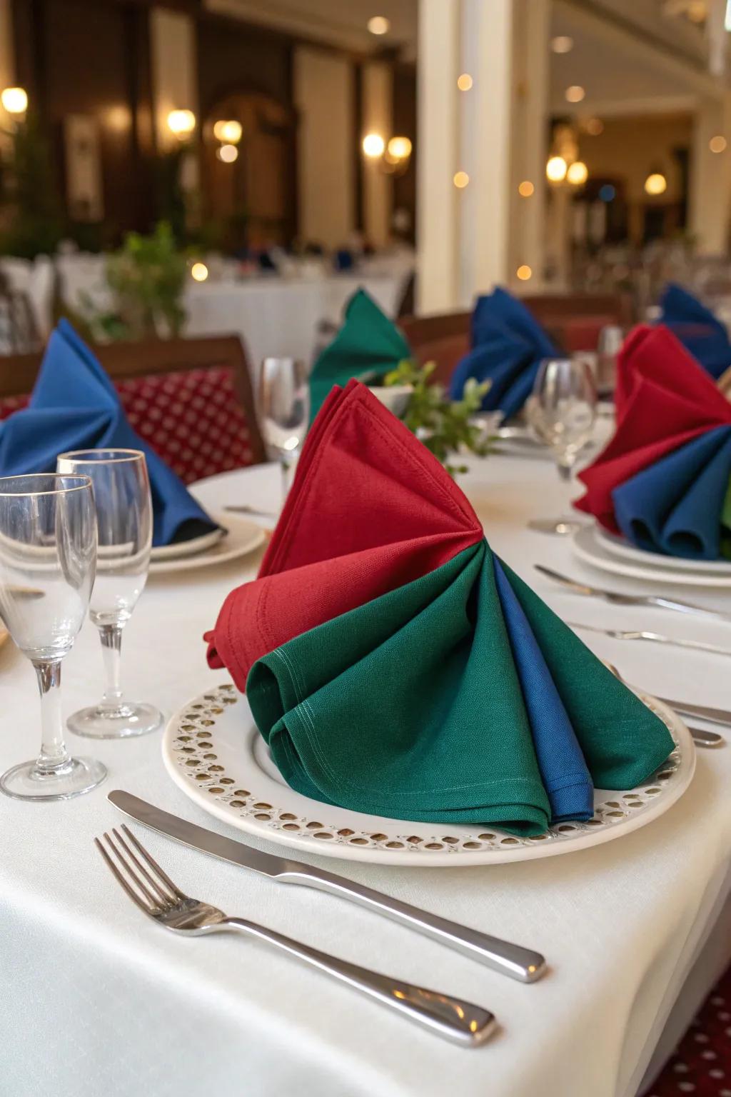 Colorful napkins add a vibrant touch to an elegant table setting.