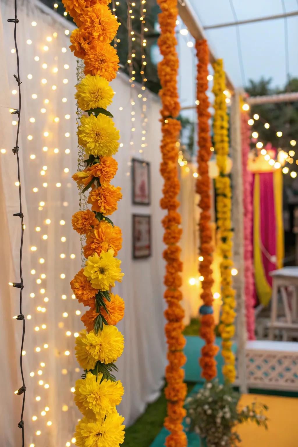 Vibrant marigold flowers paired with twinkling fairy lights.