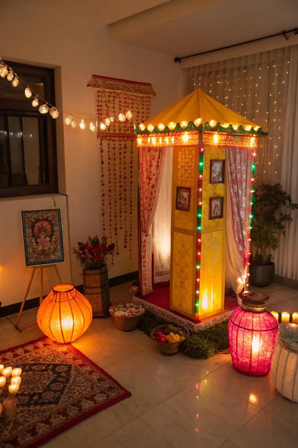 Traditional lanterns casting a warm glow in the Diwali photo booth.