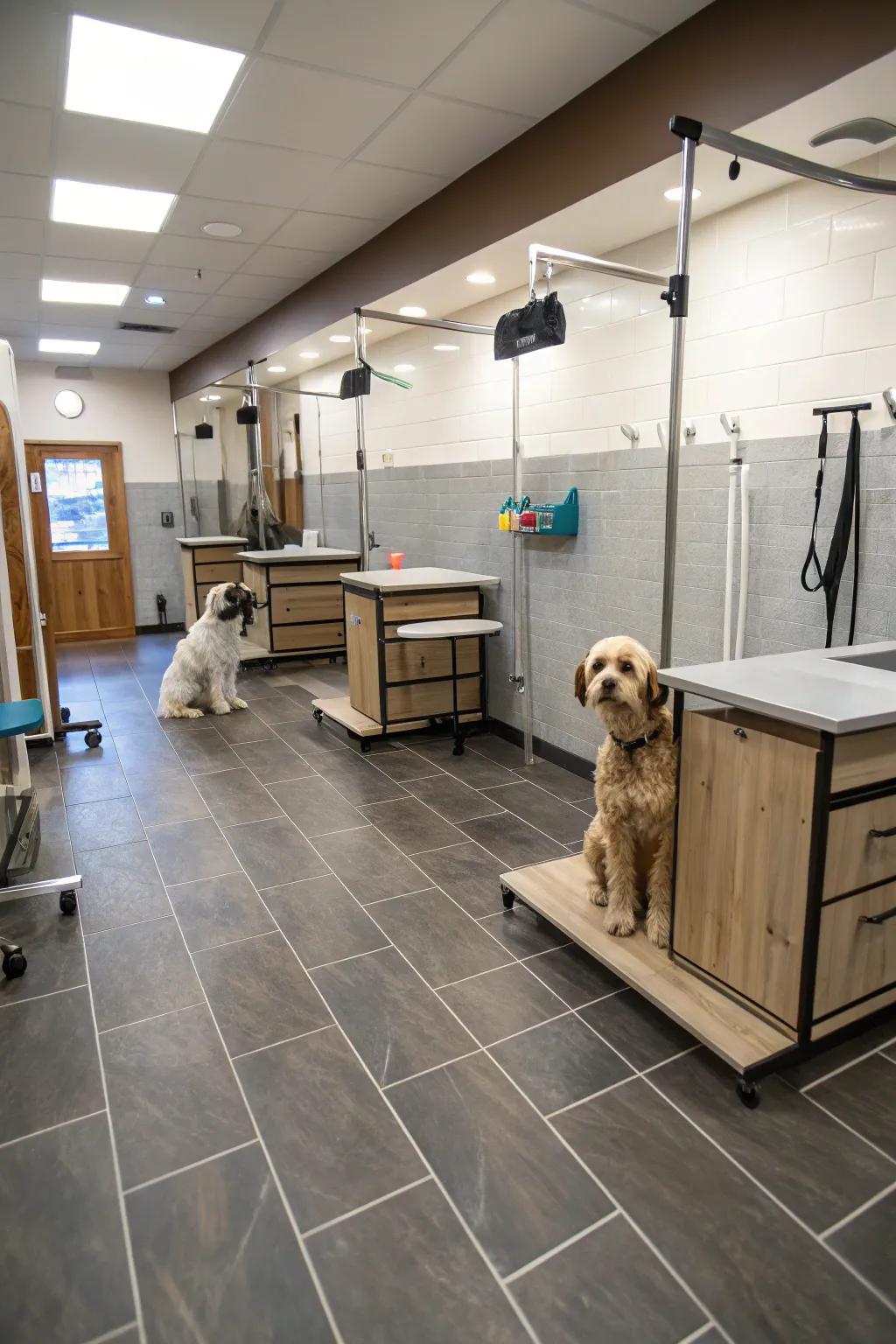 Easy-to-clean surfaces in a practical grooming salon.