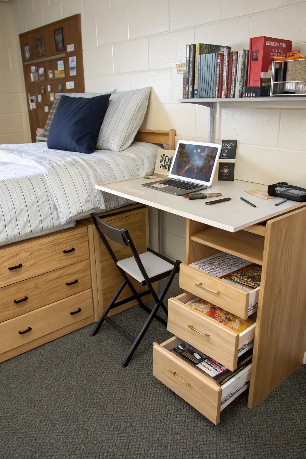 Multi-functional furniture is key to a smart dorm setup.