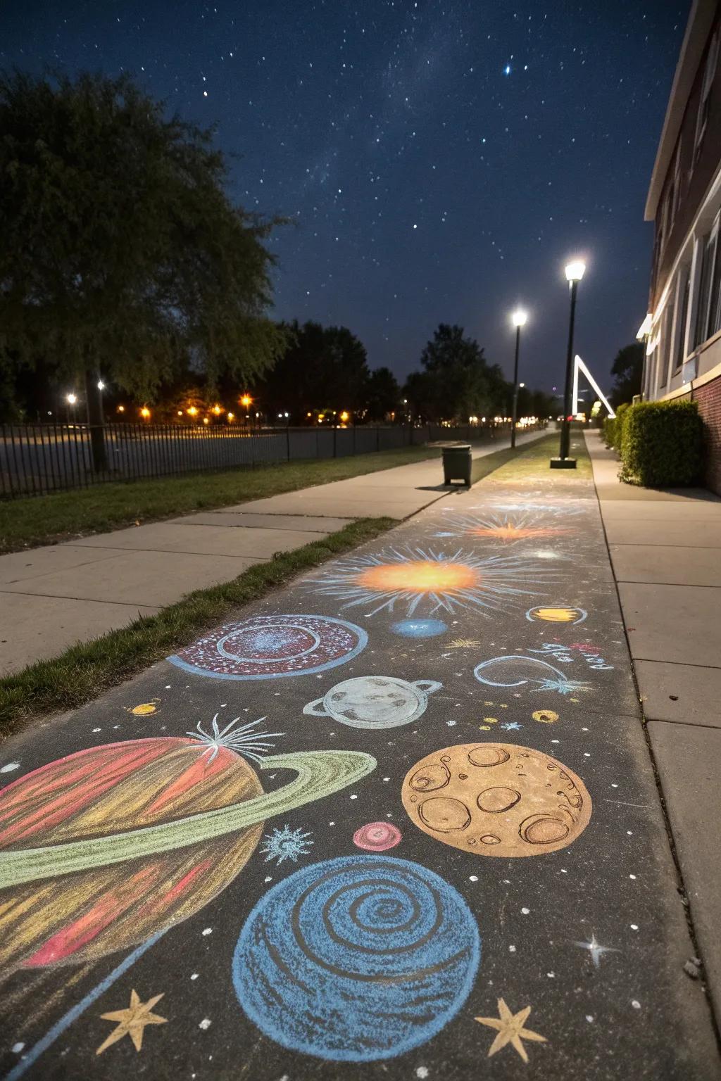 A chalk galaxy transforms the sidewalk into a cosmic adventure.