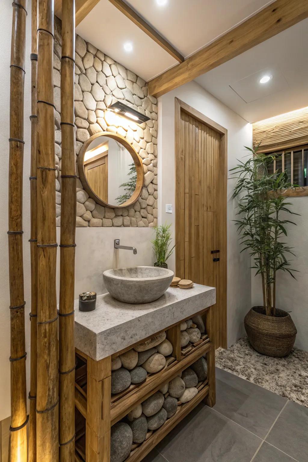Natural materials create a serene and harmonious bathroom environment.