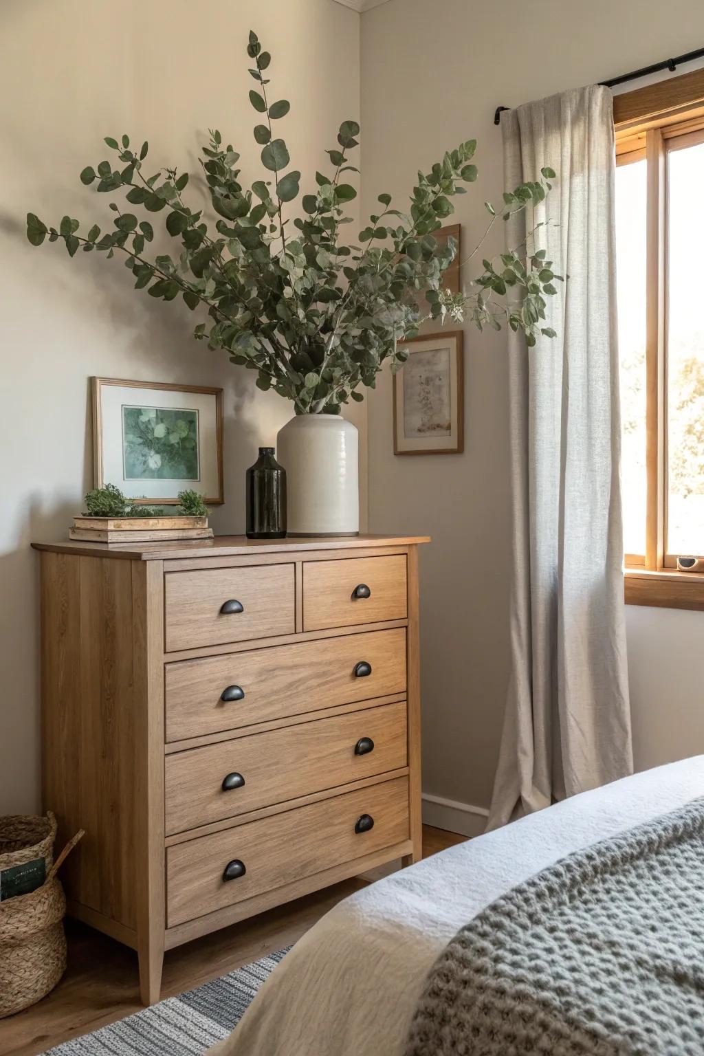 Eucalyptus in a vase brings life and freshness to the dresser.