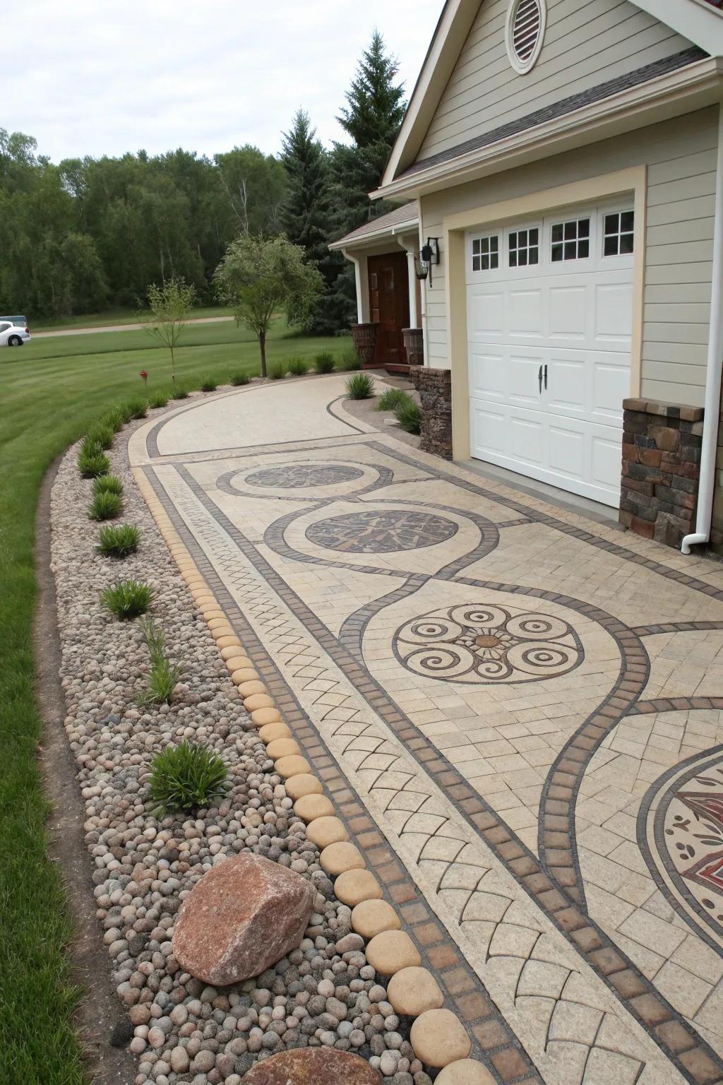 Artistic paver pathway adding charm to the driveway.