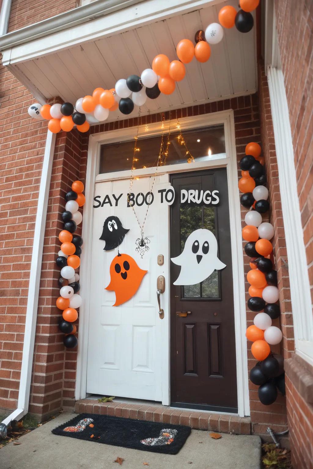 A Halloween-themed door saying 'Boo to Drugs'.