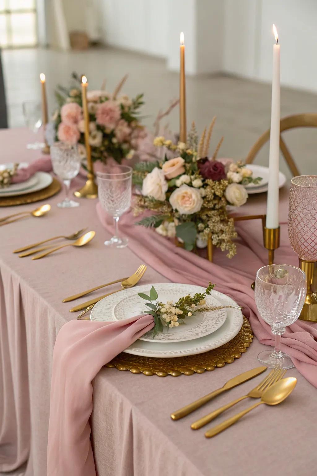 Elegant table setting with dusty rose and gold.