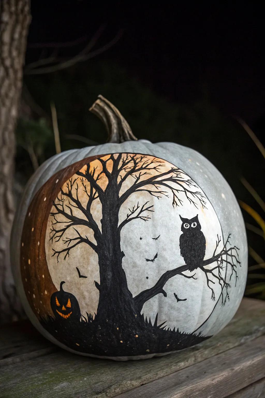 A moonlit night scene painted on a pumpkin brings a touch of magic to Halloween.