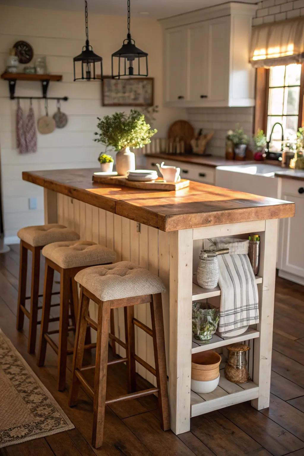 A rustic island with a practical butcher block surface.