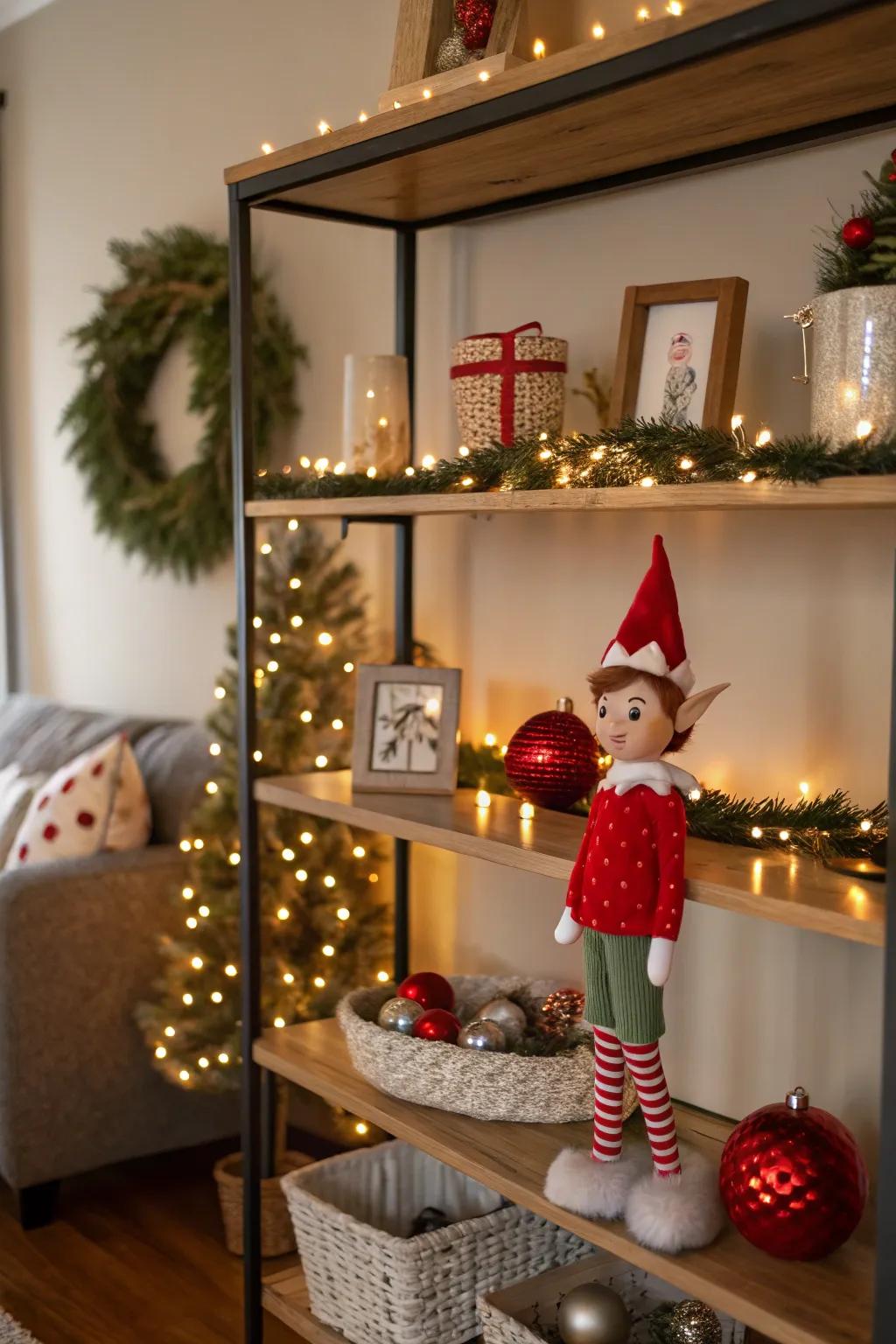 Add some mischief with a classic elf on the shelf display.