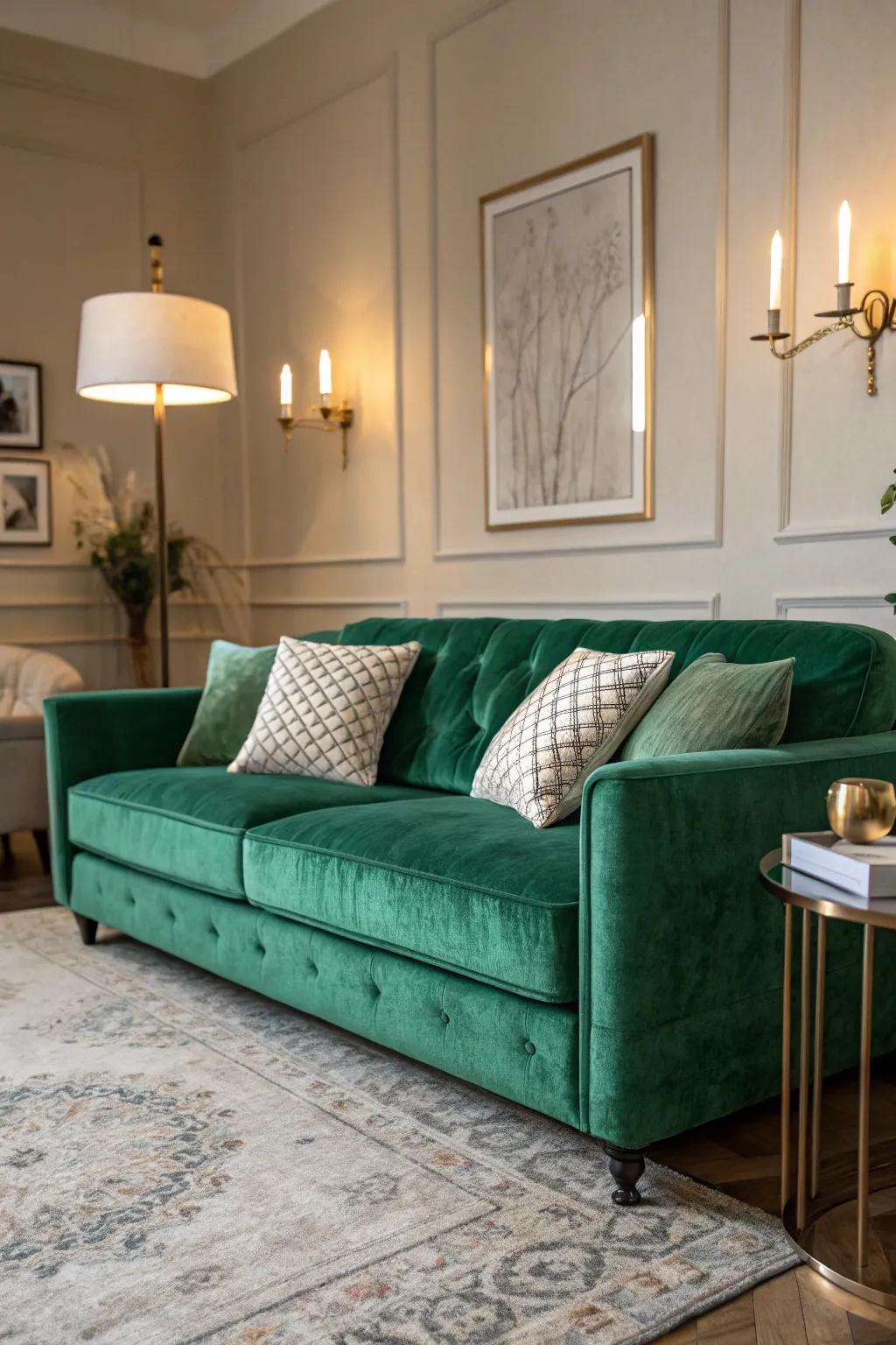 Luxurious emerald green velvet sofa as the focal point.