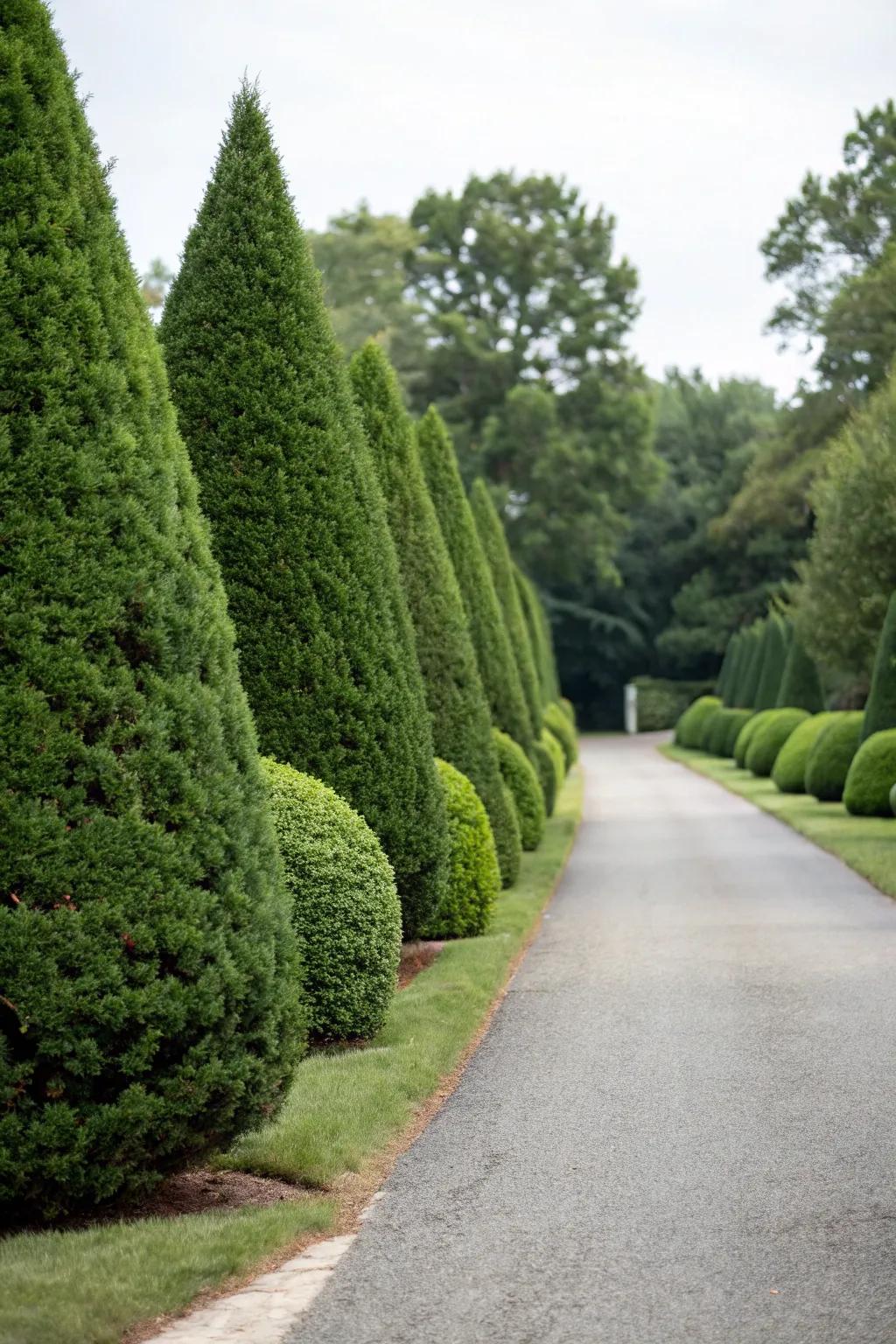 Evergreen shrubs offer structure and year-round greenery.