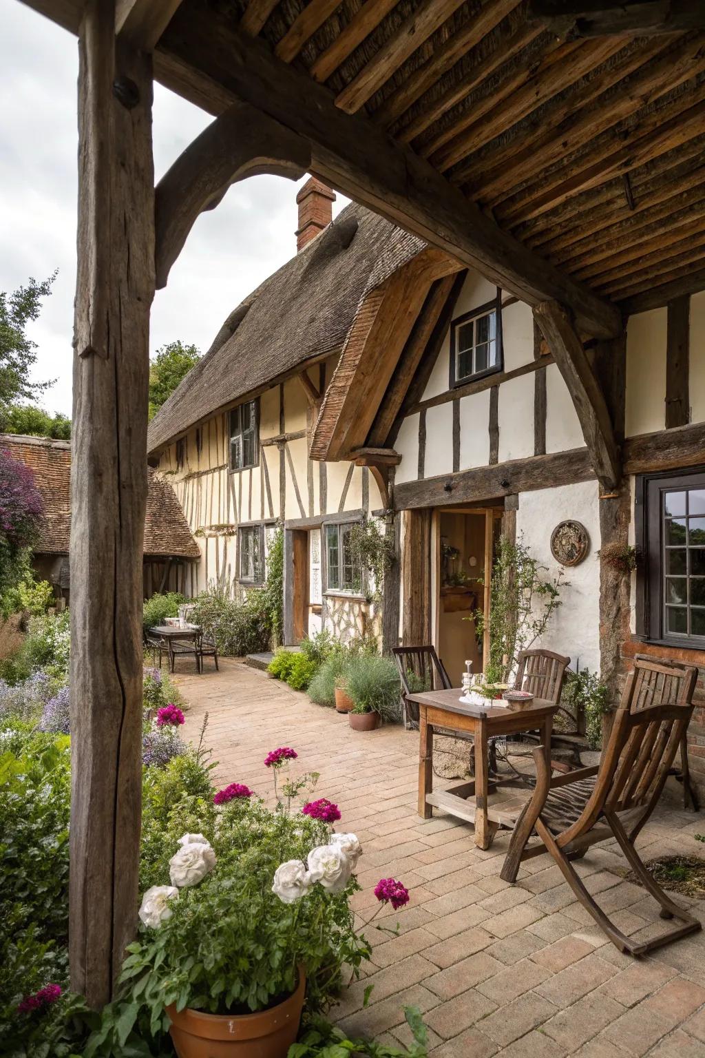 Wood beams and rustic furniture add natural charm.