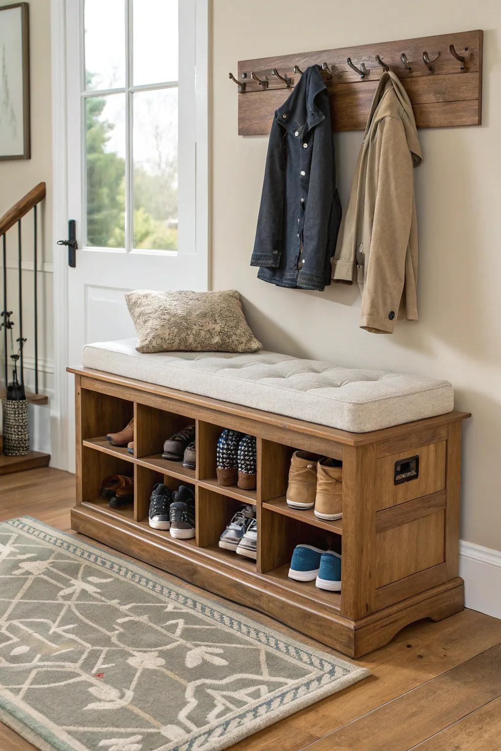 A practical shoe storage bench that doubles as seating.