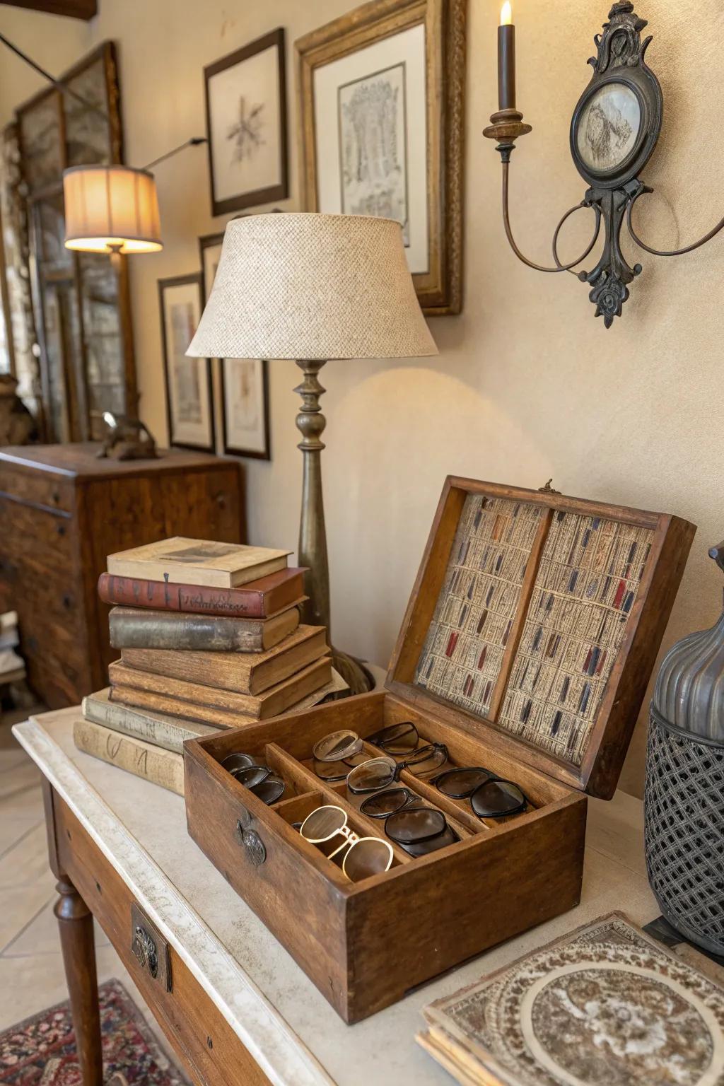 Add rustic charm with vintage wooden boxes.