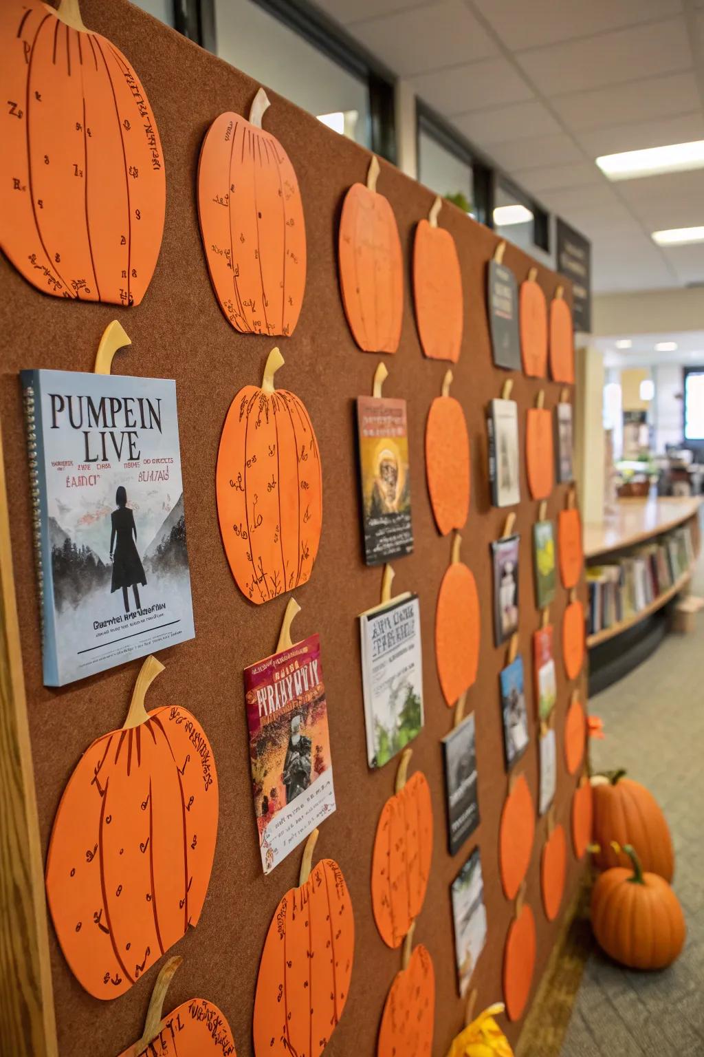 A pumpkin patch-themed bulletin board showcasing book covers.