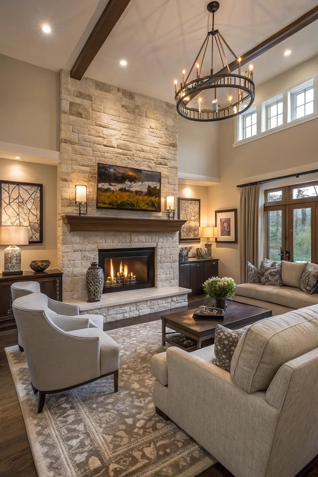 A cozy family room with a striking fireplace as the centerpiece.