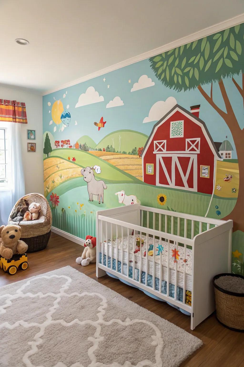 A wall mural can turn a nursery into a scenic farmyard wonderland.