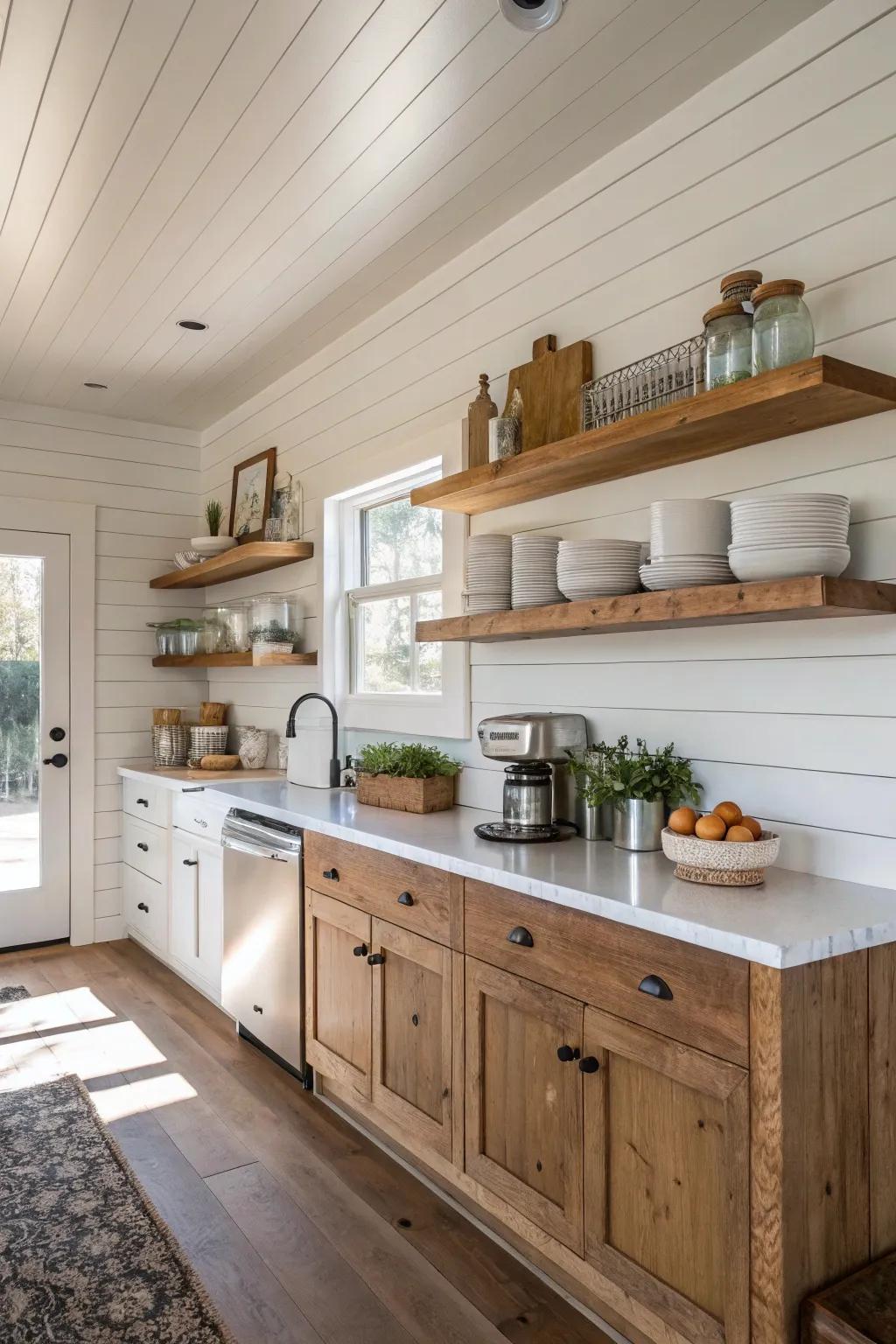 Shiplap adds a clean, rustic charm to your kitchen.