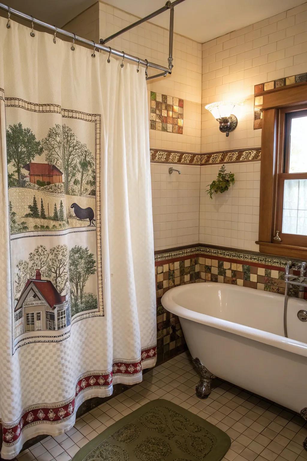 A vintage-inspired bathroom with a shower curtain featuring charming farm scenes.