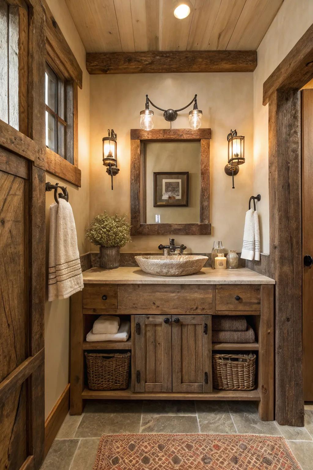 A reclaimed wood vanity adds rustic elegance to this farmhouse bathroom.