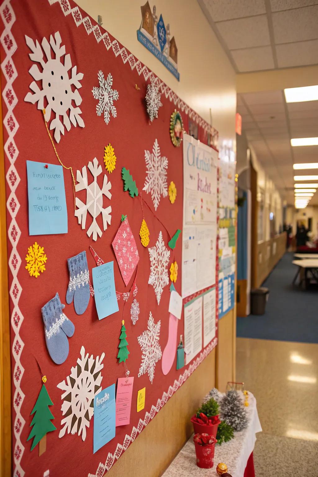 A winter wonderland-themed bulletin board with snowflakes and mittens.