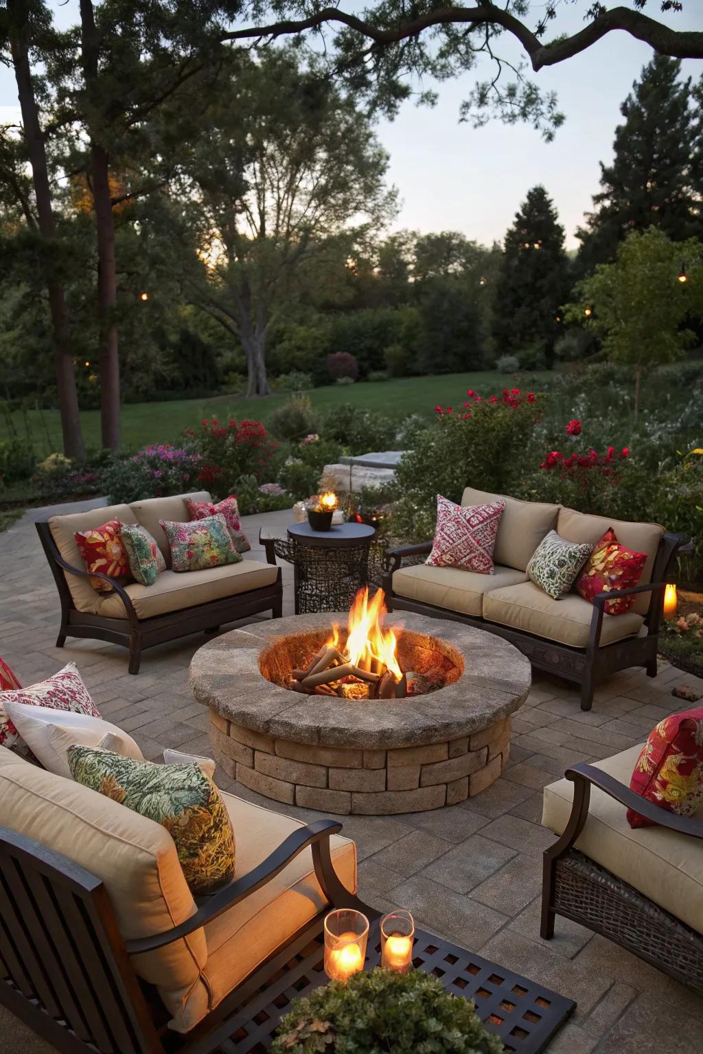 Cushioned seating offers comfort and style around the fire pit.