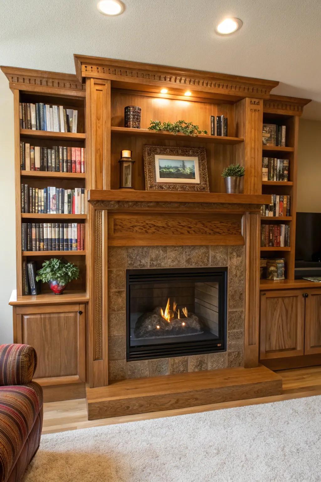 Built-in shelves add both style and functionality to this inviting fireplace area.