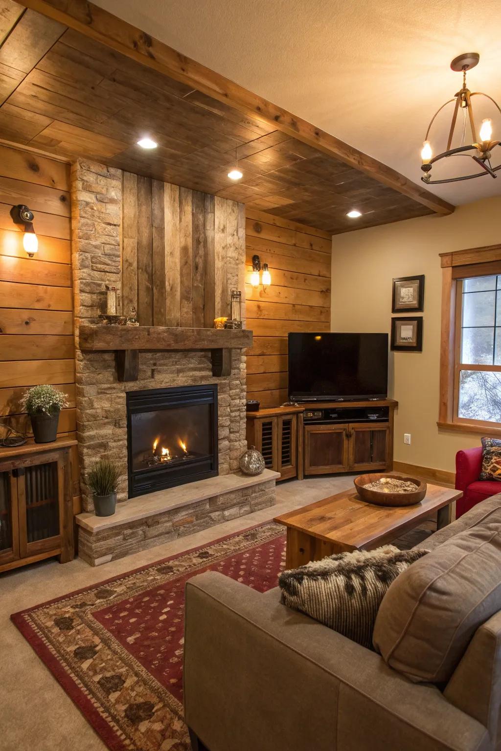 A cozy living room with a wood-accented fireplace wall and TV.