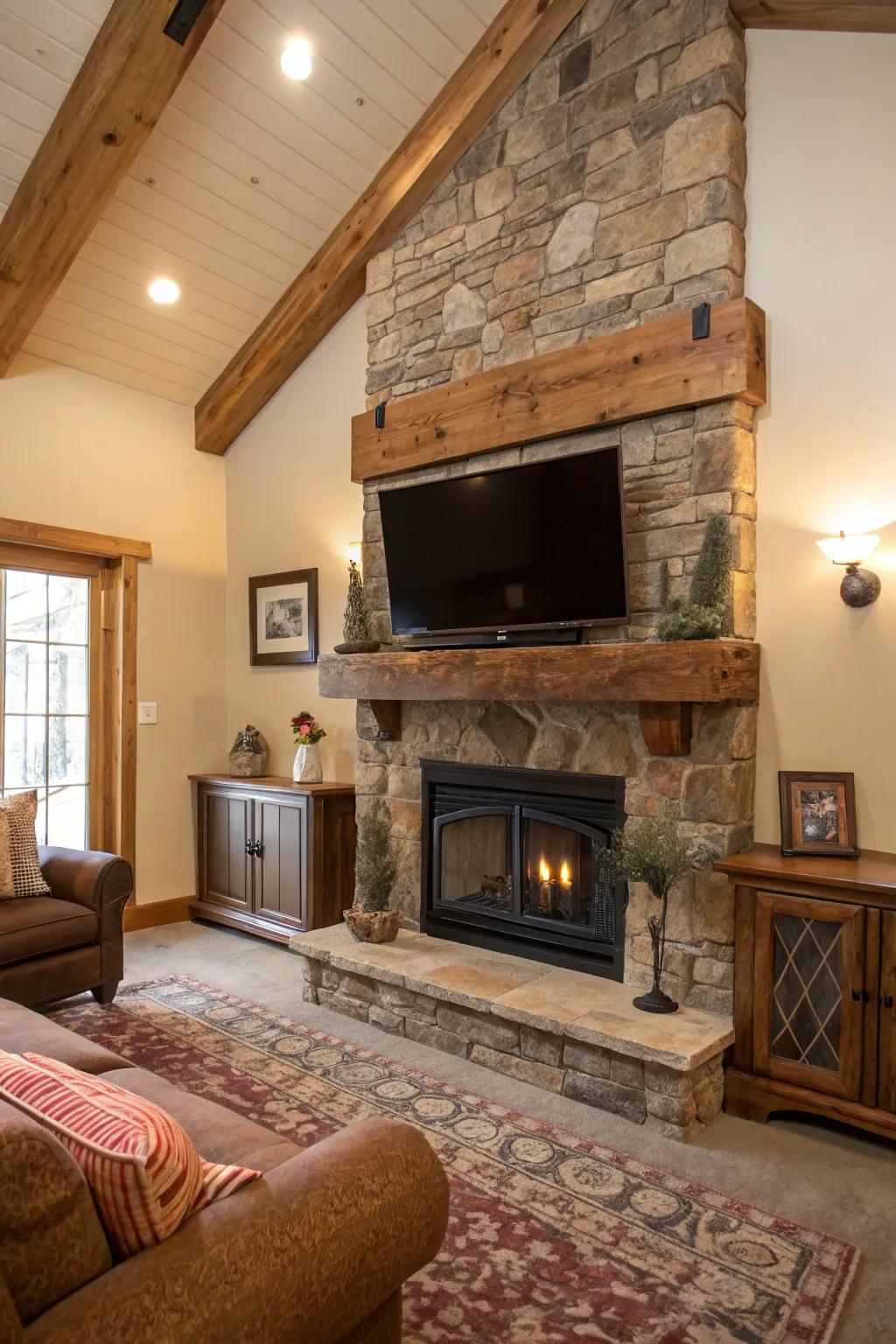 A rustic living room with a stone fireplace and TV, exuding warmth.