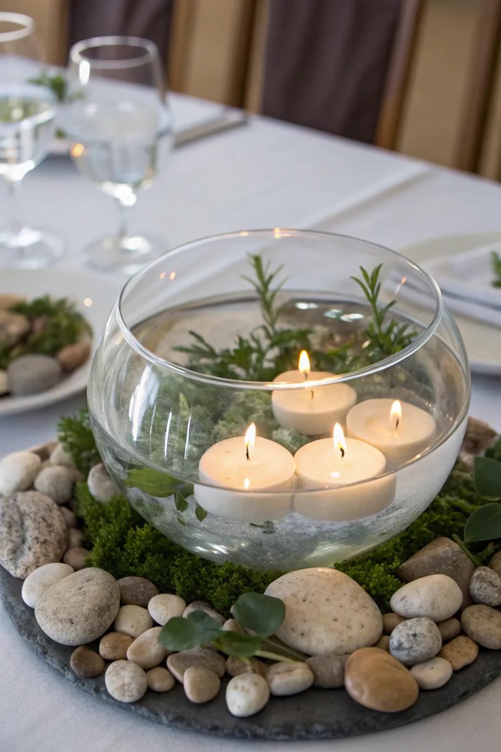 Floating candles in a glass bowl create a serene ambiance.